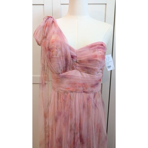 Dessy Collection Floral Scarf Tie One-Shoulder Rose Long Tulle Dress Size 8 - Picture 3 of 11